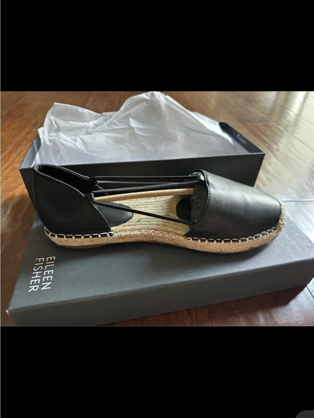Eileen Fisher Black Leather Espadrille Flats with Elastic Cross-Straps